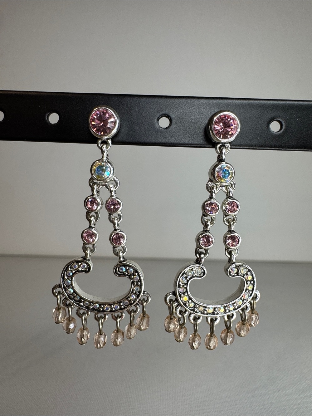 Vintage CAROLEE Pink Rhinestone Chandelier Dangle Earrings